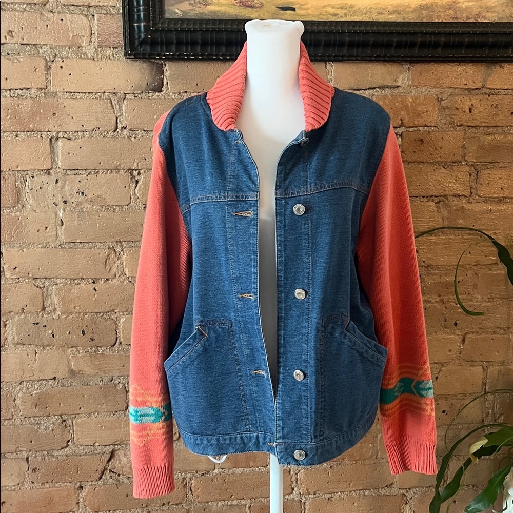 Vintage Pendleton Aztec Knit & Denim Sweater Jacket Size Medium